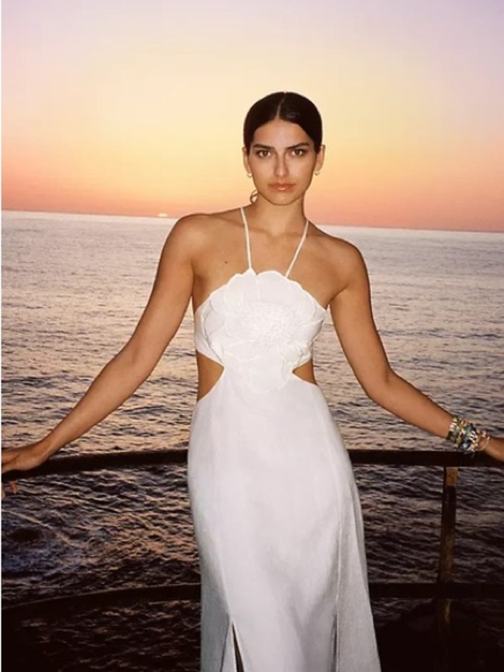 FARM Rio Ivory Backless Halter Maxi Dress with Floral Appliqué